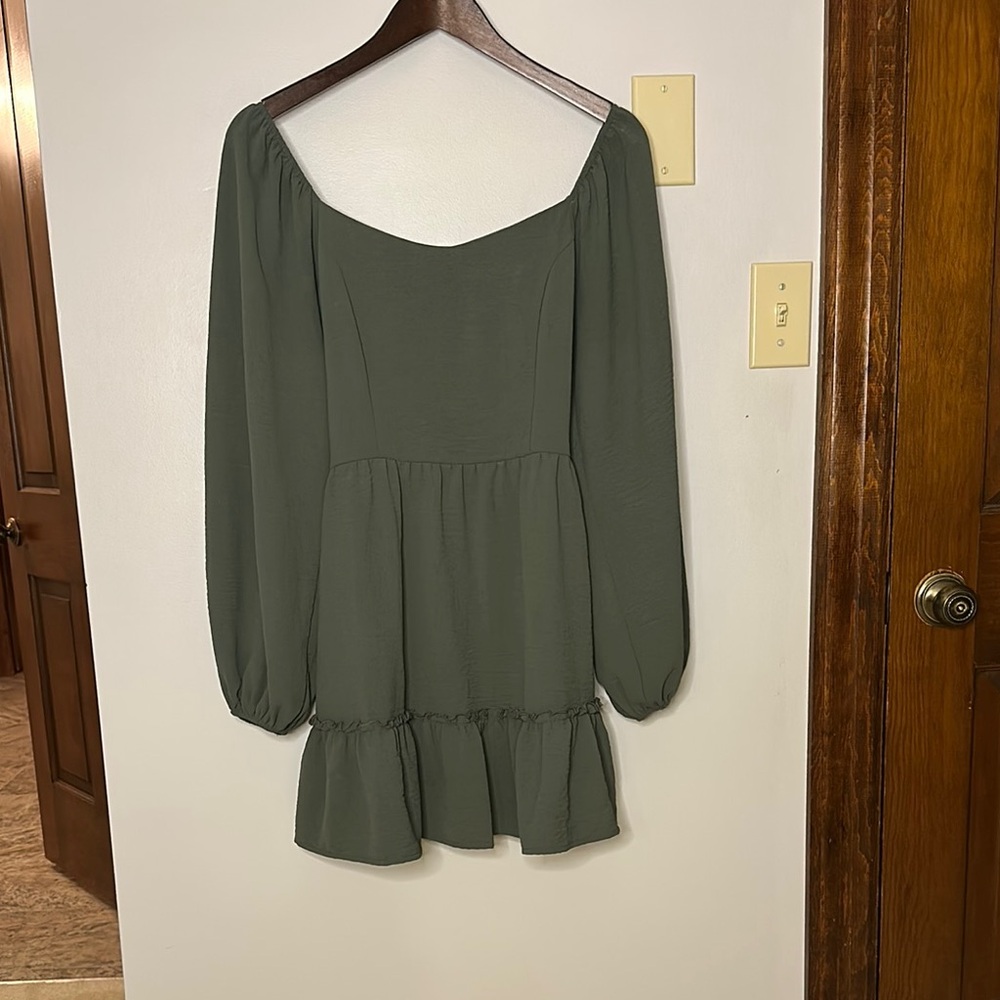 Altar’d State Smocked Sage Green Women's Dress Balloon Sleeve Ruffle Detail